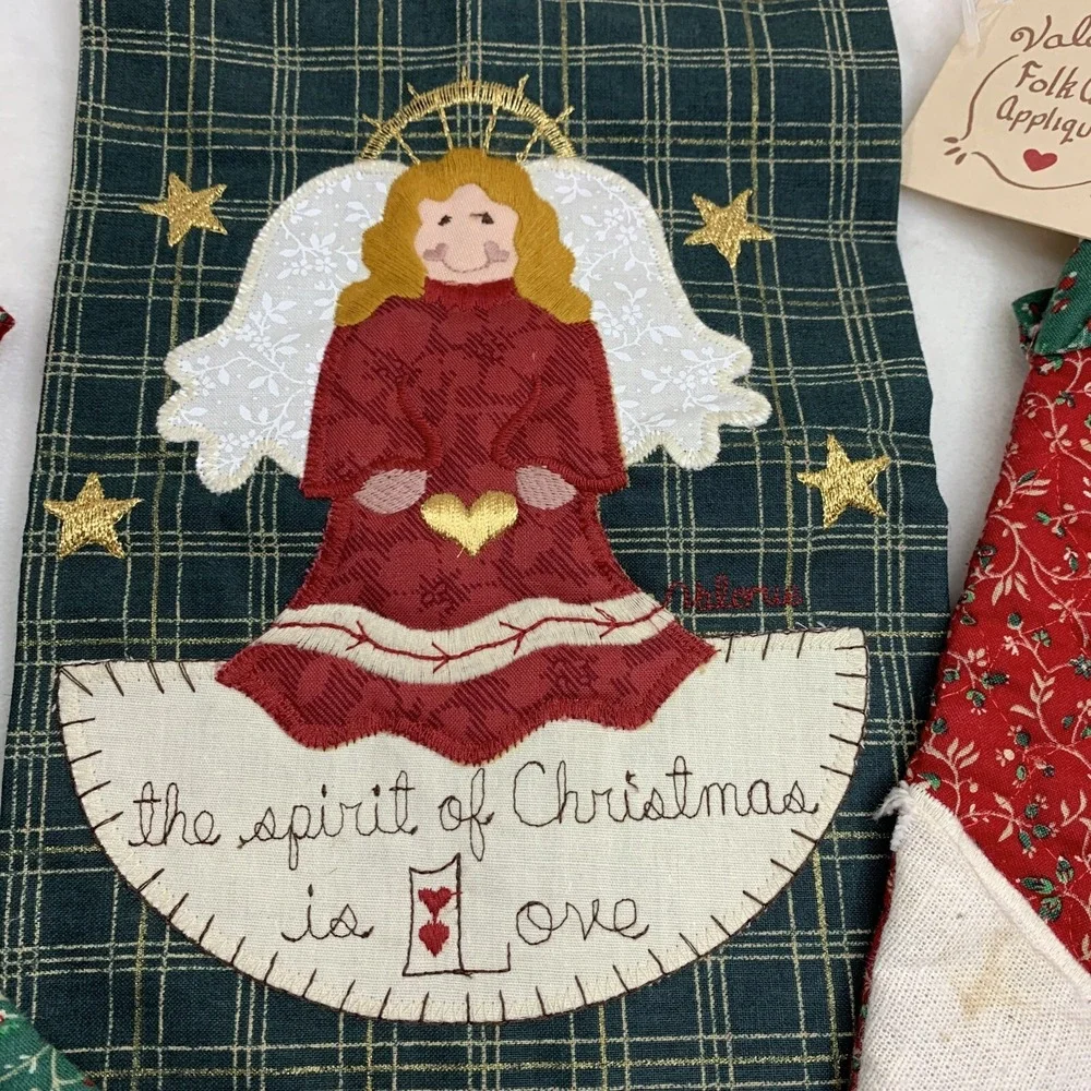 Vtg Valorie's Folk Art Appliqué Red Green Christmas Stockings & Angel Hand Towel